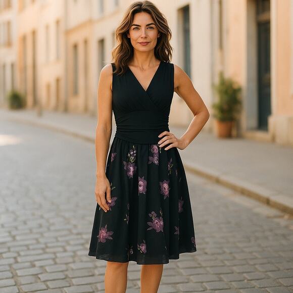SL Fashions Black Purple Floral Embroidered Knit Taffefta  Fit & Flare Dress - Picture 1 of 7